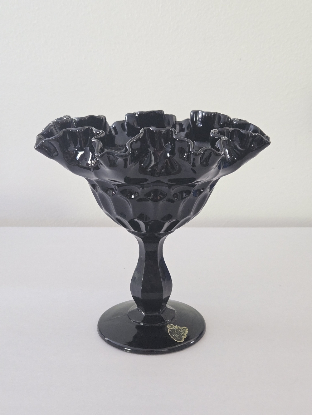 VTG 60s Fenton Thumbprint Ebony Black Glass Crimped Ruffled Footed Compote Dish